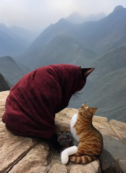 Prompt: Mountains, tea puer, Cat monk, winters, thanka