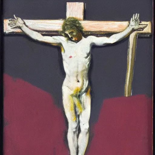 Prompt: study for a figure at the base of the crucifixion, boris johnson, francis bacon painting