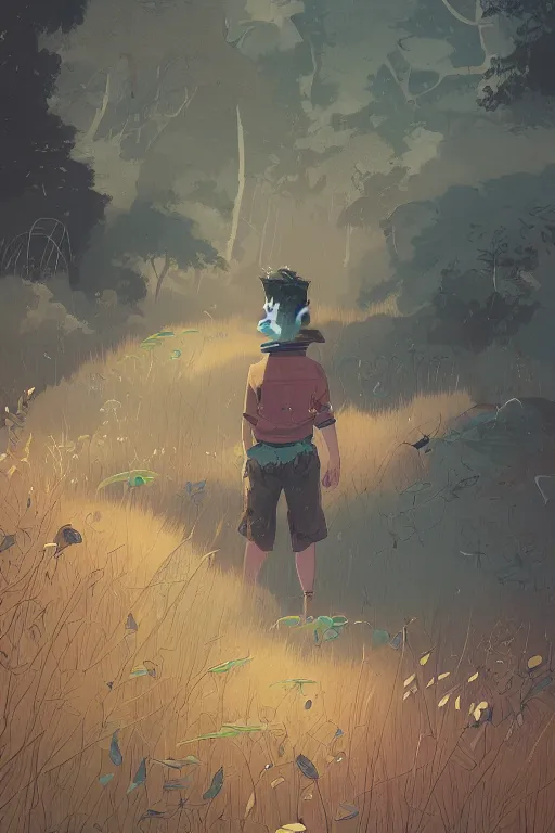 Prompt: a young boy in a field of high grass facing a magnificent thick forest, digital art, very graphic illustration by peter mohrbacher and victo ngai and jean giraud, drawing, clean line, hd, colorful comics style