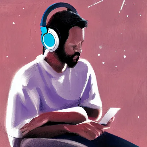 Image similar to long shot of male wearing headphones sitting in space, calm, soothing, relaxed, cosy, quiet, elegant, digital painting, realism, cyberpunk art, acrylic on canvas,