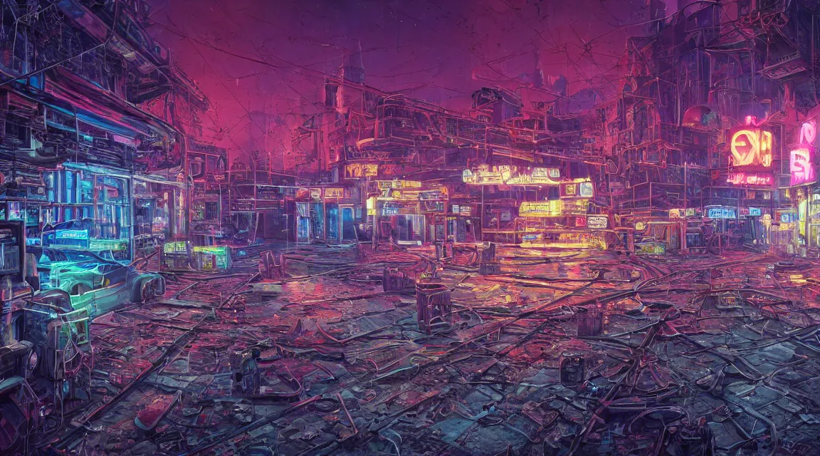 Prompt: Very highly detailed photo, post apocalyptic building, synthwave neon retro, by Vladimir Manyukhin, by Simon Stålenhag, by Guido Borelli, by Nathan Walsh, by Peter Gric, deviantart, trending on artstation, Photorealistic, vivid colors, polychromatic, glowing neon, geometric, concept art digital illustration, polished, beautiful, HDR Unreal Engine 64 megapixels IMAX Terragen 4.0, 8k resolution concept art filmic complex utopian mysterious moody futuristic