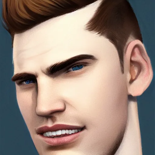 Image similar to tall chunky man in his twenties with brown blond short regular haircut and round facial structure with cleft chin, straight eyebrows, big grey blue eyes, grinning, slightly set back jaw, cheekbones, straight nose, wider face, shadow of beard, atmospheric lighting, painted, intricate, 4 k, highly detailed by charlie bowater