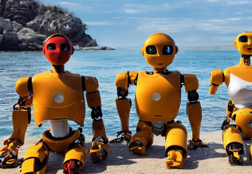 Prompt: a vibrant photograph of a couple of humanoid robots in a yacth, sunbathing, large shot, wide shot, in the sea
