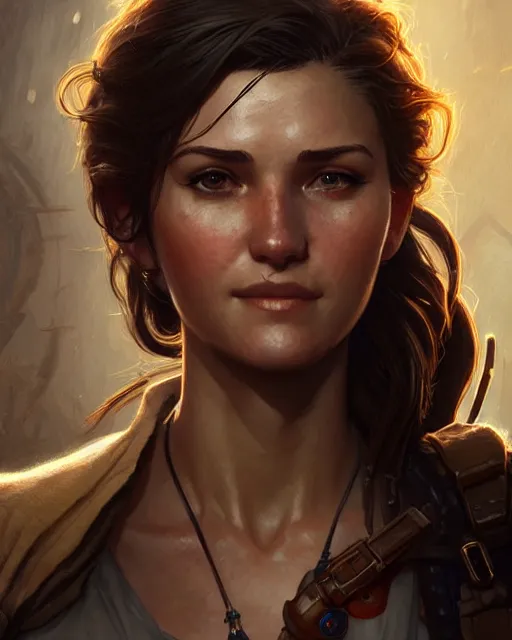 Image similar to Elena Fisher (Uncharted), closeup, D&D, fantasy, intricate, elegant, highly detailed, digital painting, artstation, concept art, matte, sharp focus, illustration, hearthstone, art by Artgerm and Greg Rutkowski and Alphonse Mucha