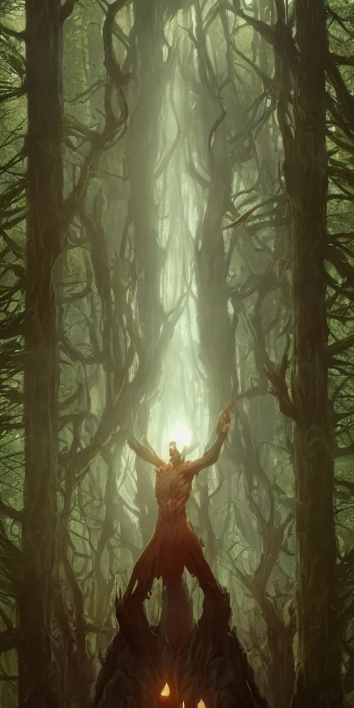 Image similar to symmetry!! the forest god looking over his dominion, perfect lighting, perfect composition, 4 k, artgerm, derek zabrocki, greg rutkowski