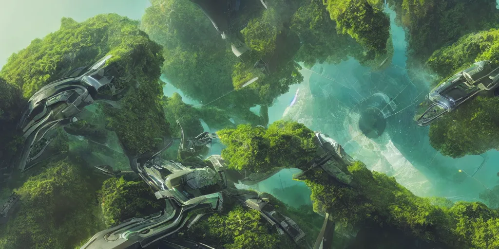 Image similar to futuristic science - fiction landscape seen from above, summer, green, bay, water, flora and fauna, artificial life, concept art, detailed, dylan cole, james gurney, greg rutkowski, artstation, cgi, octane render, 3 d, unreal engine