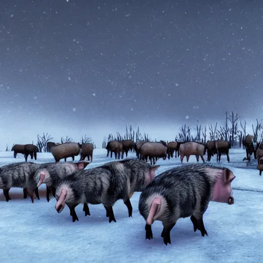 Image similar to the harvesting of 1 0 0 0 pigs by horrible viking men dressed in wolves clothing. in wintertime. in the moonlight. hyper realistic 8 k render.