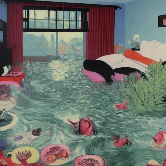Prompt: painting of flood waters inside an artist's feminine bedroom, female emo art student, a river flooding indoors, pomegranates, pigs, ikebana, water, octopus, river, rapids, waterfall, black swans, canoe, berries, acrylic on canvas, surrealist, by magritte and monet