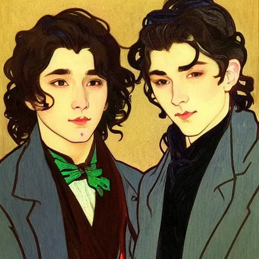 Image similar to painting of young cute handsome beautiful dark medium wavy hair man in his 2 0 s named shadow taehyung and cute handsome beautiful min - jun together at the halloween! party, bubbling cauldron!, candles!, smoke, autumn! colors, elegant, wearing suits!, clothes!, delicate facial features, art by alphonse mucha, vincent van gogh, egon schiele