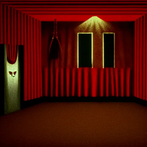 Image similar to the black lodge, Twin Peaks (1990), eerie surreal nightmare, lynchian, inspired by david lynch, red curtains, ominous, 4k horror artwork, trending on artstation, sharp focus