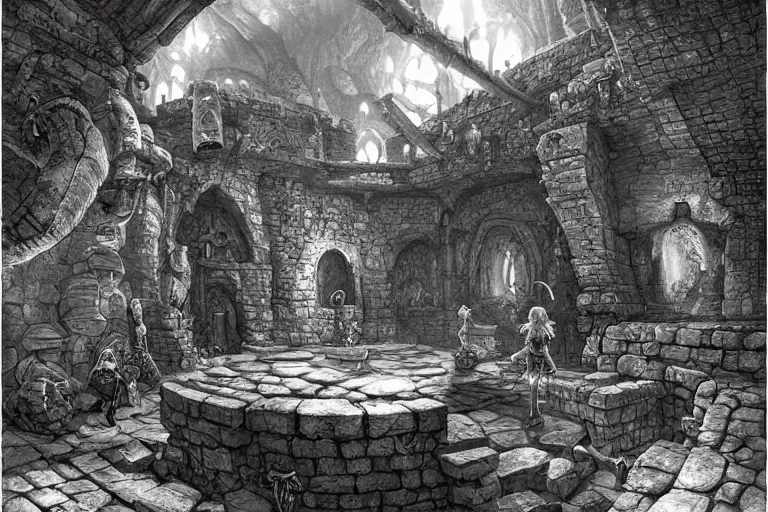 Prompt: black and white one point perspective dungeon cozy fantasy dungeon The mushroom adventurer Fira and their plain conference of trolls are hiding in the ancient stable. artgerm and Craig Mullins, James Jean, Andrey Ryabovichev, Mark Simonetti and Peter Morbacher 16k