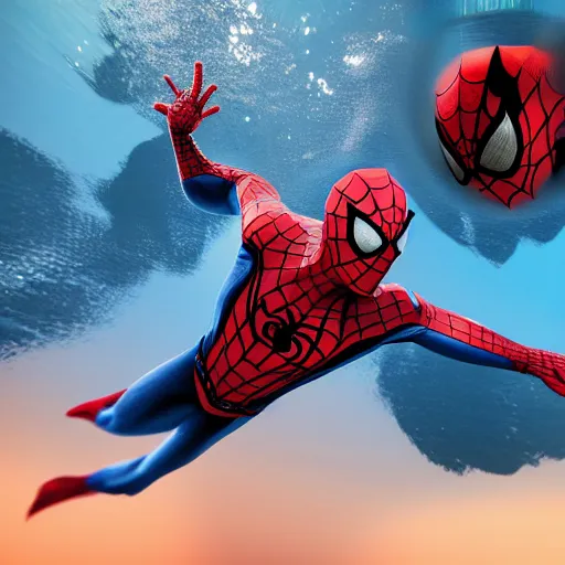 Image similar to spiderman underwater, 3 d render, unreal engine, octane render, ray tracing, unity, highly detailed, high quality, hd, 4 k, 8 k, realistic, sharp, trending