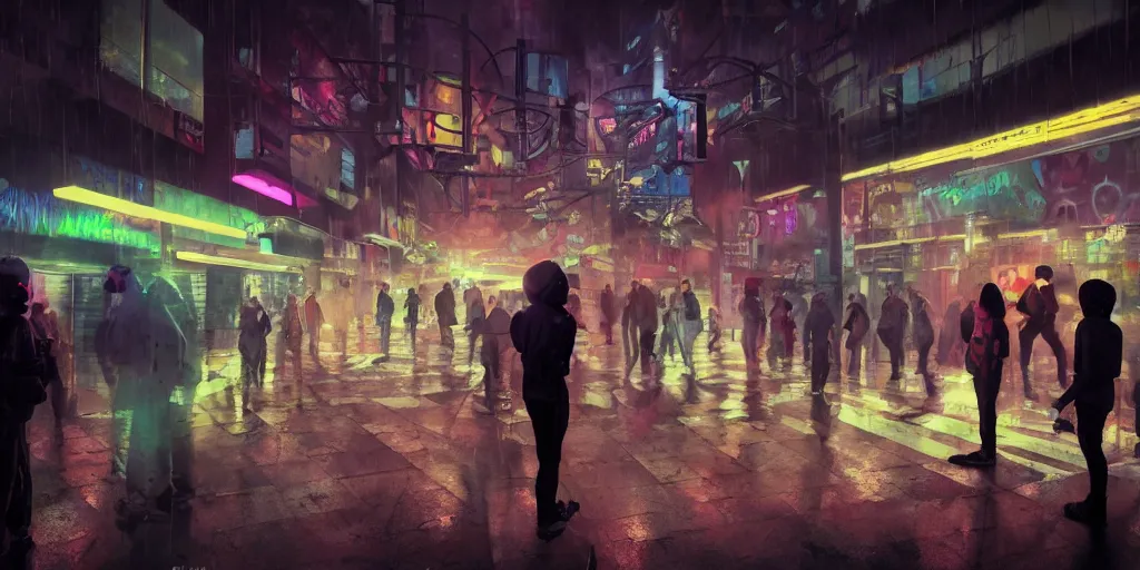 Prompt: teenagers with tech clothing and hoods and futuristic gas masks painting graffitis about chess pawns on the walls of a dystopian city, neon lights, sci - fi, night lights, rain and haze, concept art, intricate, photorealistic, in the style of katsuhiro otomo, akira, octane render, rtx, hdr, unreal engine