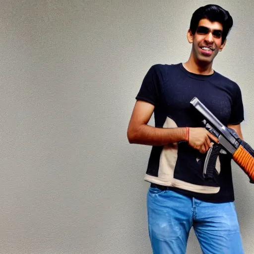 Image similar to Medium shot photograph of Rishi Sunak holding an AK-47, 8k, ultrahd