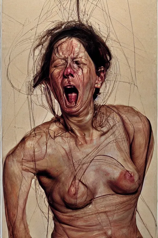 Prompt: portraits of a woman enraged, part by Jenny Saville, part by Lucian Freud, part by moebius