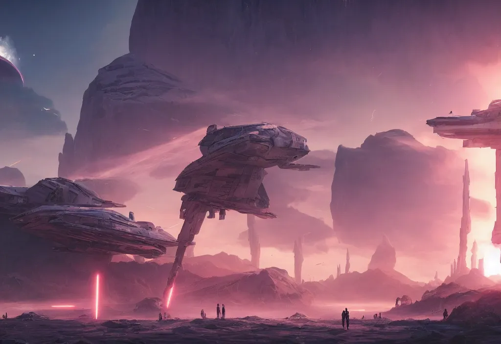 Prompt: a dramatic epic ethereal stunning beautiful and insanely detailed matte painting of a Star Wars movie still, lens flares, atmospheric!! and vaporwave composition, digital art by John Martin and Simon Stalenhag, winning-award masterpiece, fantasy, octane render, 8K HD Resolution, High quality image