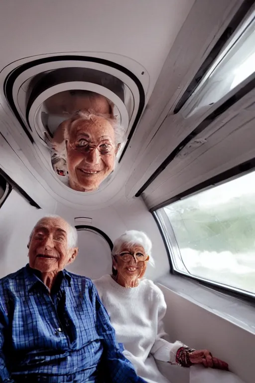 Image similar to photo of glamorous elderly couple in a spaceship with a window looking out to orbit