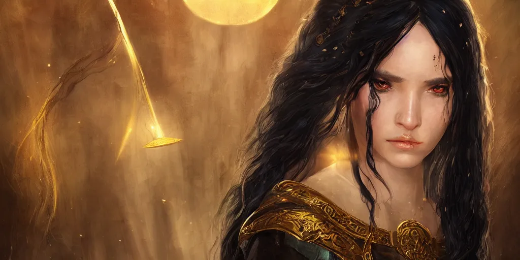 Image similar to a young priestess with long black hair weavering golden string of magic, barroque painting, ultra realistic. cinematic, dynamic. magic the gathering style. epic fantasy, insanely detailed, 4k, symmetrical face, rpg character reference
