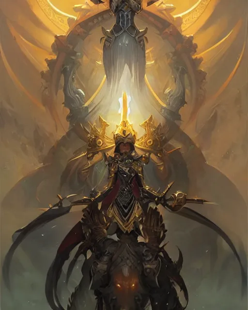 Image similar to Champion paladin in black gold intricate and ornate armor, unreal engine, fantasy art by peter mohrbacher, Greg Rutkowski, Loish, Rhads, radiant halo of light