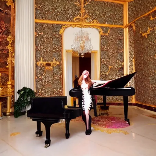 Prompt: contrapoints playing piano in an opulent house with fancy wallpaper