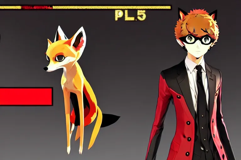 Image similar to in the persona 5 : royal ( by atlus ) video game casino level, a furry male sandcolored tan fox fursona ( has hair ), persona 5 phantom thief style