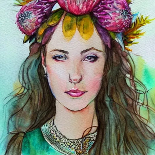 Prompt: a beautiful princess with protea flower crown, watercolor, fantasy, fairytale