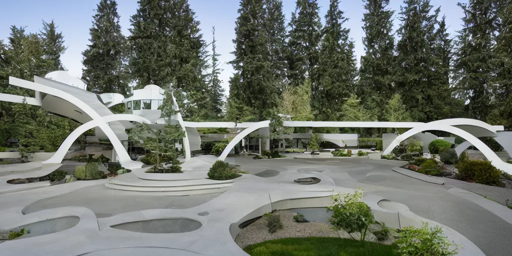 Prompt: residence in the style of seattle's pacific science center, white crisscrossing arches, fountains