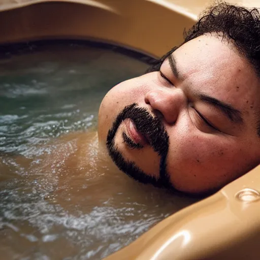 Image similar to photographic portrait by Annie Leibovitz of GreekGodX in a hot tub, closeup, foggy, sepia, moody, dream-like, sigma 85mm f/1.4, 15mm, 35mm, 4k, high resolution, 4k, 8k, hd, full color