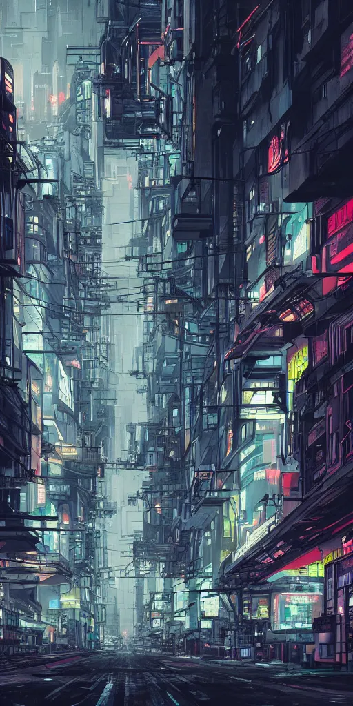 Prompt: the street between artificial megastructures, living spaces, dystopian cyberspace, landscape, concept art, brutalism, neon lights, colorful, cyberpunk, market, matte painting, in the style of BLAME!, wide angle,