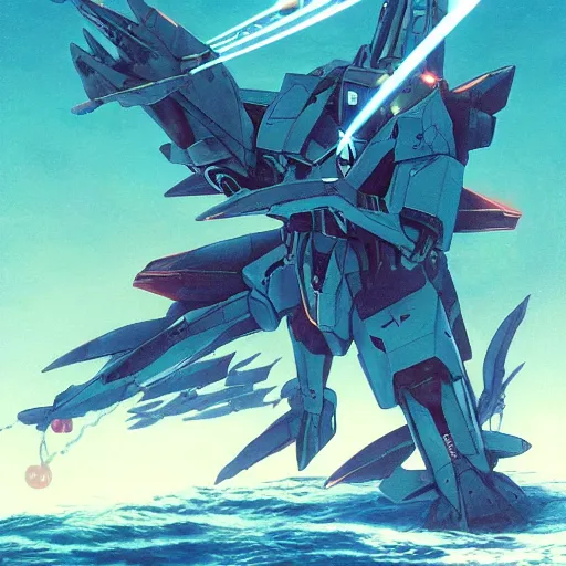 Prompt: aquatic gundam with a shark face, amphibious combat mecha mobile suit holding a scifi weapon, over under shot, cinematic by wayne barlowe, pascal blanche, victo ngai