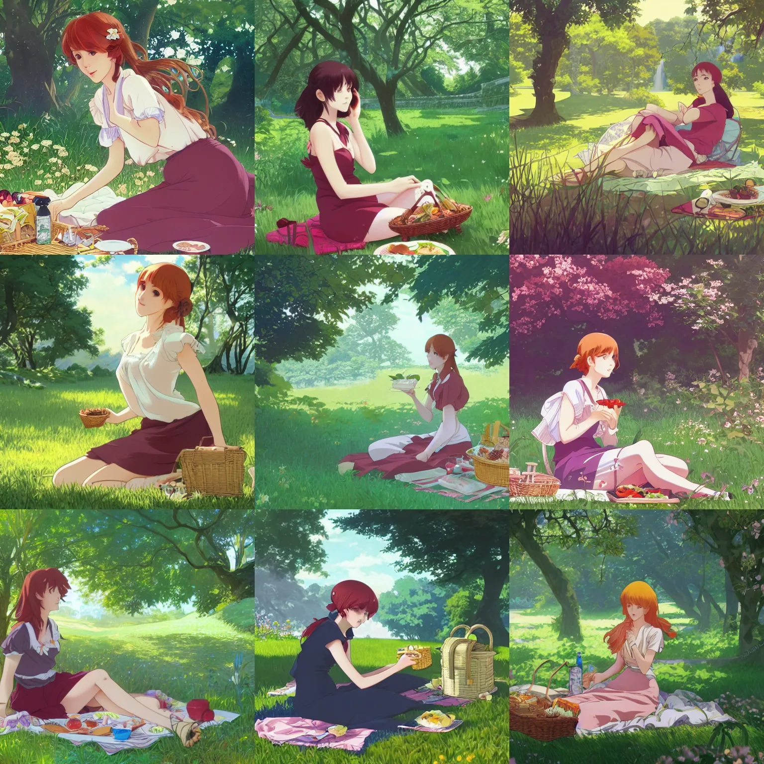 Prompt: A young woman having a picnic in a lush park, character focus, highly detailed, artstation, official artbook, official Kyoto Animation and Studio Ghibli anime screenshot, by Ilya Kuvshinov and Alphonse Mucha