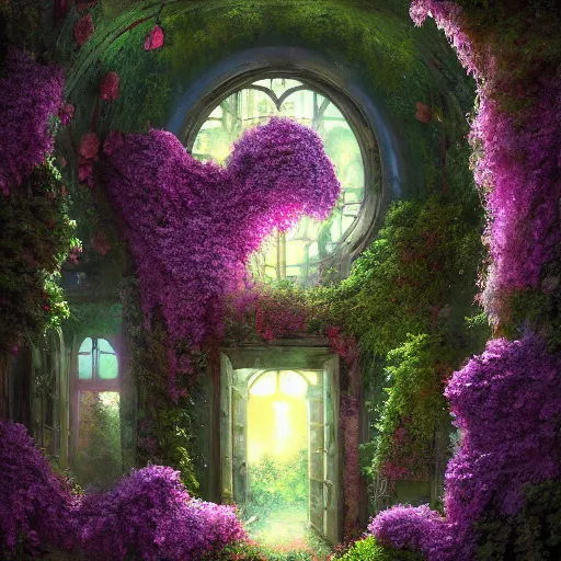 Image similar to an abandoned room overgrown with verdant ivy, an antique window surrounded by lush flowers cherry _ blossomherb, 8 k resolution detailed fantasy art, asymmetrical composition, anato finnstark marc simonetti lisa frank zbrush central gloomy midnight