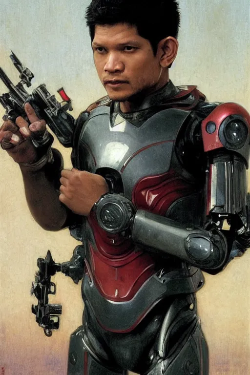 Prompt: iko uwais wearing robot armour, bouguereau and mucha