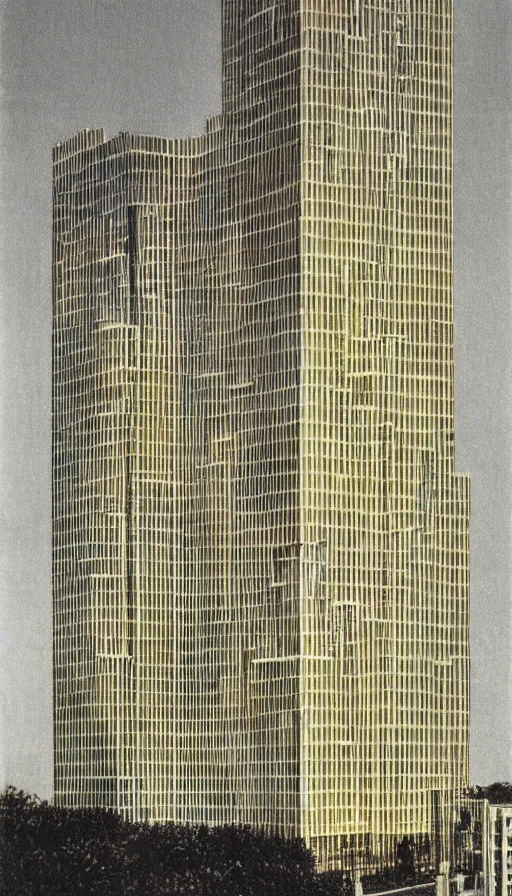 Prompt: architecture ad for a mid-century modern skyscraper designed by miss van der rohe. Film grain, cinematic, colorized, yellow hue.