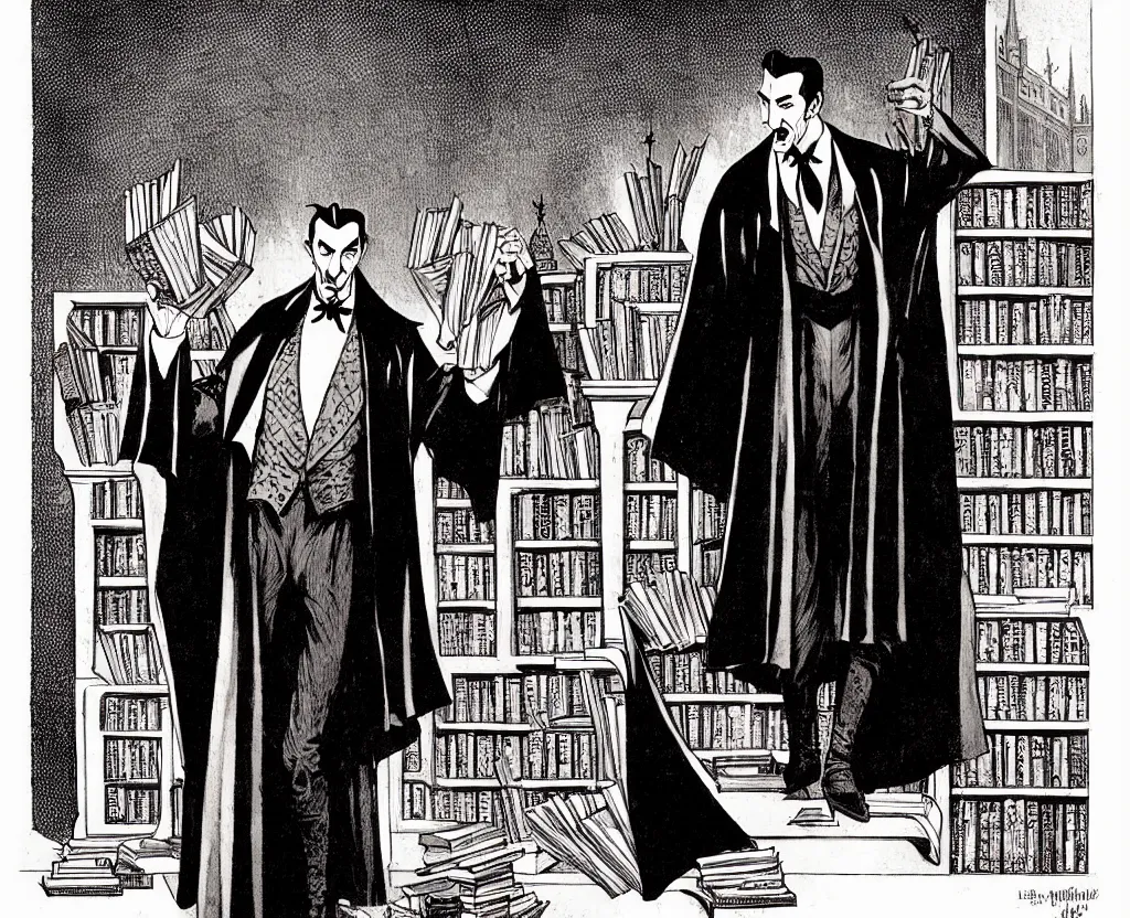 Prompt: dracula showing off his amazing library of books, illustration in the style of j. c. leyendecker