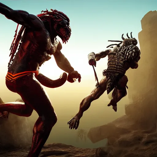 Prompt: predator fighting with omniman, photo realistic, high detail, dynamic lighting