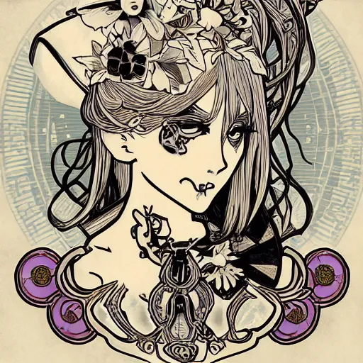 Prompt: anime manga skull portrait cuphead girl disney cartoon skeleton illustration style by Alphonse Mucha pop art nouveau