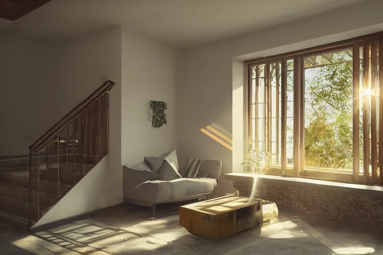 Image similar to rays of the sun shining through the window of the village house. very beautiful, warm shiny colors, octane render