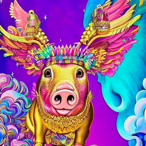 Prompt: lisa frank flying pigs wearing a gold crown painting by android jones