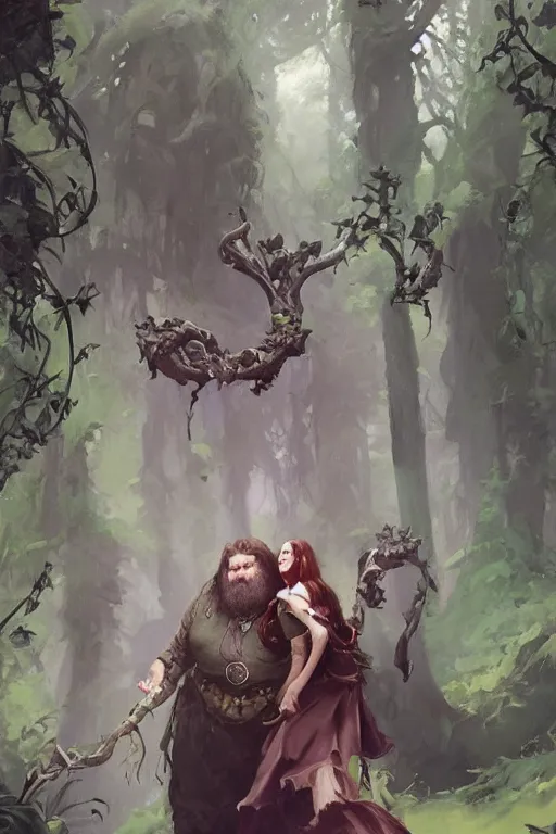 Image similar to hagrid the viking and gothic medieval morticia addams walking in enchanted forest with flowers, greg manchess painting by sargent and leyendecker, fantasy medium shot asymmetrical intricate elegant matte painting illustration hearthstone, by greg rutkowski by greg tocchini by james gilleard