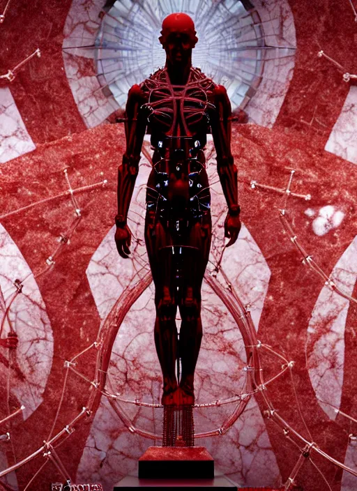 Prompt: a statue jesus on cross made of red marble, perfect symmetrical body, full body shot, inflateble shapes, wires, tubes, veins, white biomechanical, wearing epic bionic cyborg implants, masterpiece, intricate, biopunk, vogue, highly detailed, space station, artstation, concept art, cyberpunk, octane render