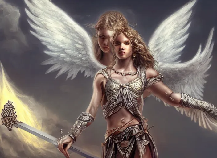 Image similar to a digital painting of an angel holding two swords, a digital rendering by jan tengnagel, fantasy art, deviantart uhd, deviantart, apocalypse art, ray tracing, highly detailed, high quality, 8 k resolution