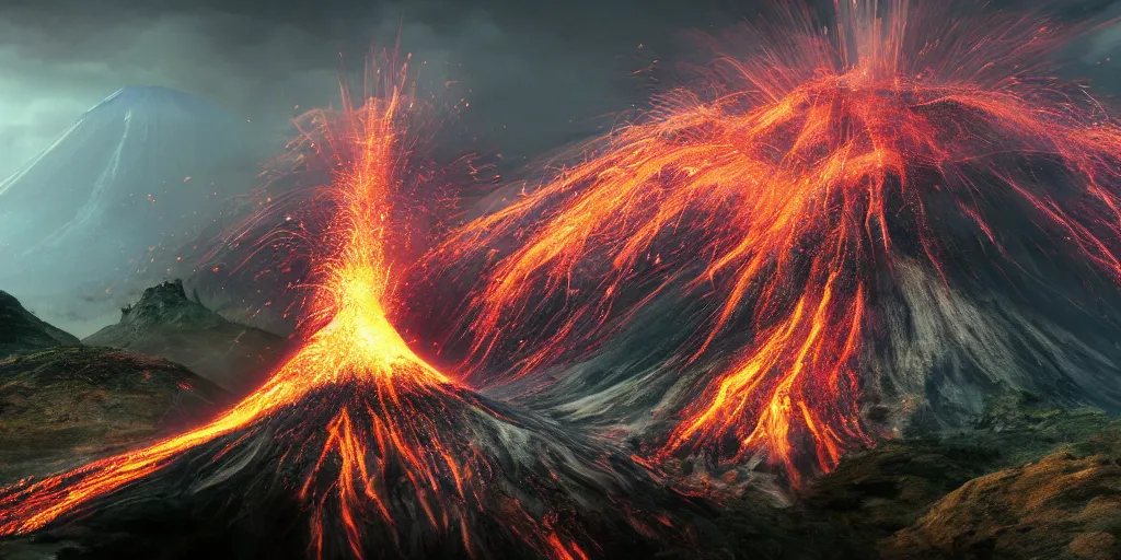 Prompt: a hyper realistic professional photographic view picture of a volcano ,photographic filter unreal engine 5 realistic hyperdetailed 8k ultradetail cinematic concept art volumetric lighting, fantasy artwork, very beautiful scenery, very realistic painting effect, hd, hdr, cinematic 4k wallpaper, 8k, ultra detailed, high resolution, artstation trending on artstation in the style of Albert Dros glowing rich colors powerful imagery nasa footage drone footage drone photography
