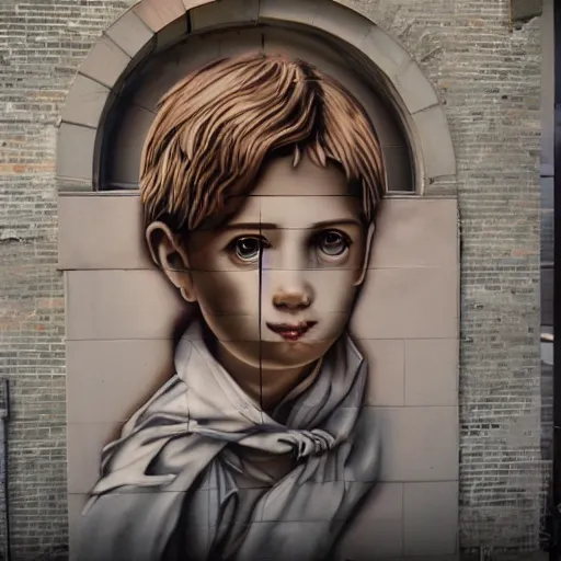 Image similar to ultra hyper realistic, public art, artstation, details, 8 k saint aloysius mural tagging, very clear picture, cinematic lightning, smooth, hdd, style of banksy