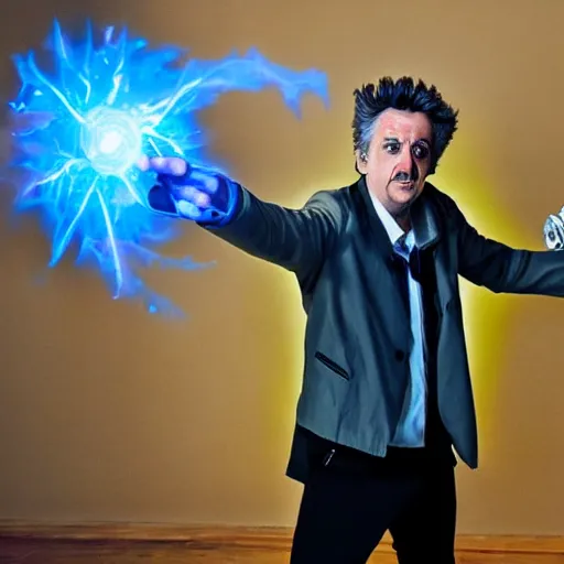 Image similar to Rick Sanchez as a real-life person, studio portrait, real-life-action movie star, holding a portal gun, opening a portal, Rick Sanchez