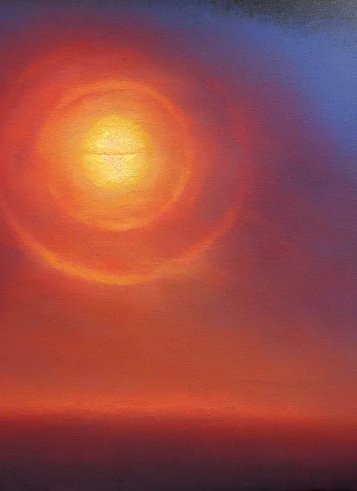 Prompt: an impressionistic painting of a red sun in a cloudy sky, an oil painting by jason a. engle, deviantart, metaphysical painting, apocalypse landscape, oil on canvas, matte drawing