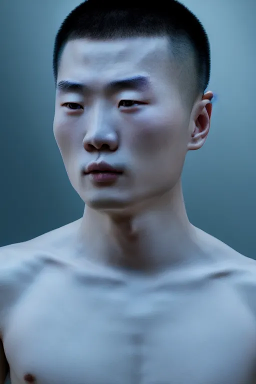 Image similar to high quality 35mm photo very expressive pearlescent! chinese man exoskeleton highly detailed eric zener elson peter cinematic blue lighting high angle hd 8k sharp shallow depth of field