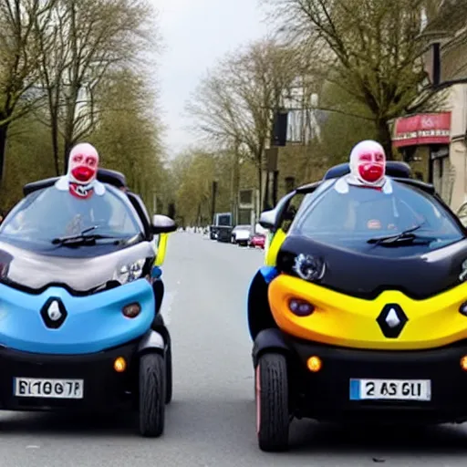 Image similar to photo of a clown driving a renault twizy in traffic jam,