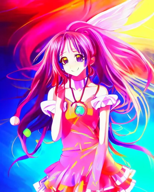 Image similar to anime style, vivid, expressive, full body, 4 k, painting, a cute magical girl idol with a long wavy colorful hair wearing a colorful dress, correct proportions, stunning, realistic light and shadow effects, neon lights, studio ghibly makoto shinkai yuji yamaguchi