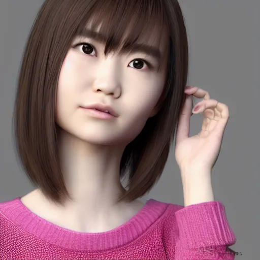 Prompt: 3 d render of a cute thin petite chinese young woman with light pink long hair and with full bangs, small round face, small upturned nose, porcelain skin tone, red blush, wearing casual sweater, small smile, warm pink living room, medium shot, octane render, 8 k, hyperrealism, trending on artstation, unreal engine 5,